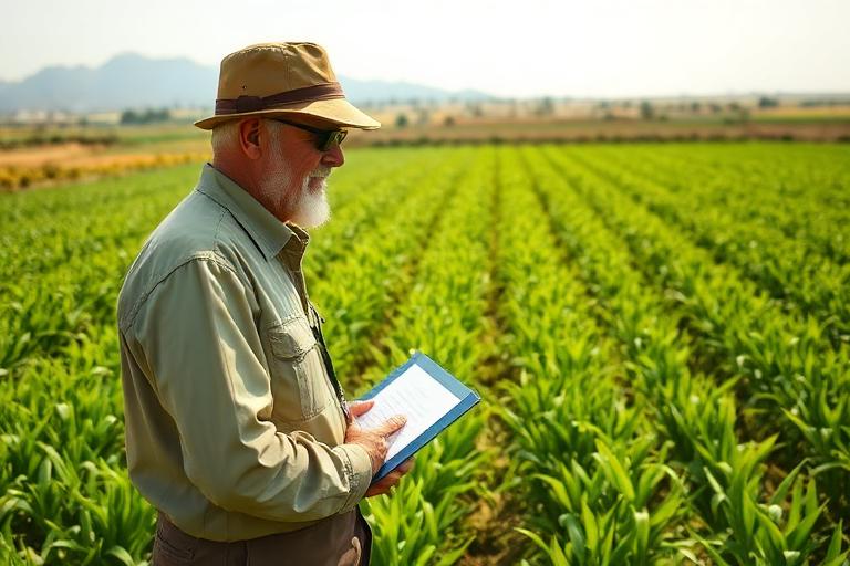 Agricultural consultant inspecting crop fields