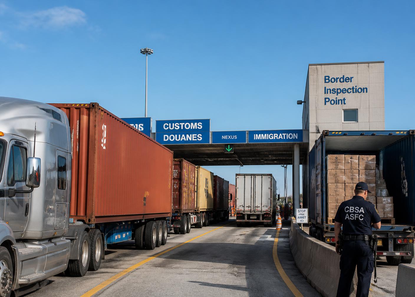 Cargo trucks queuing at a border customs inspection point