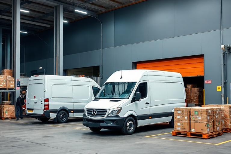 Delivery vans being loaded at a distribution warehouse