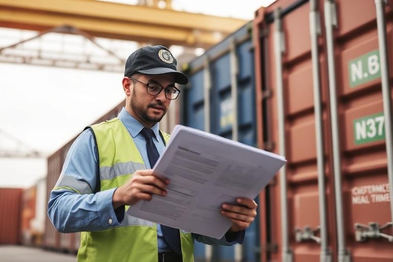 Customs official reviewing import clearance documents