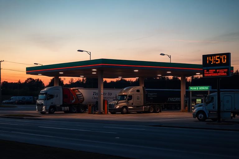 Truck stop with fuel pumps and weighbridge at dusk